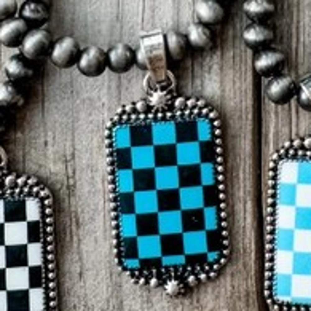 Western Checkered Pendant Necklace Black Turquoise
